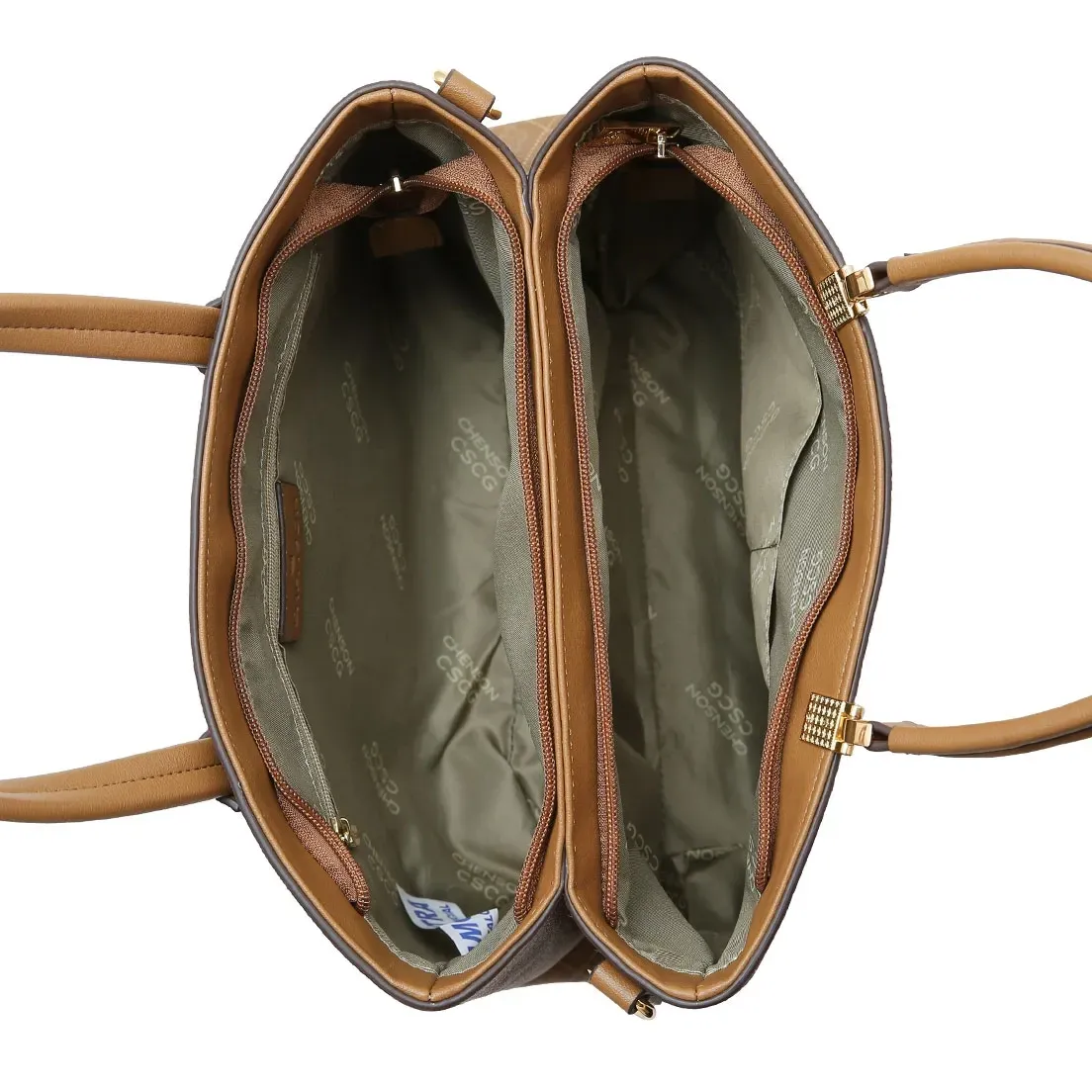 Interior da bolsa Chenson com divisórias e forro personalizado